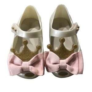 Mini Melissa Pearl Cream Shoes Gold Sparkle Crown & Pink Bow 5